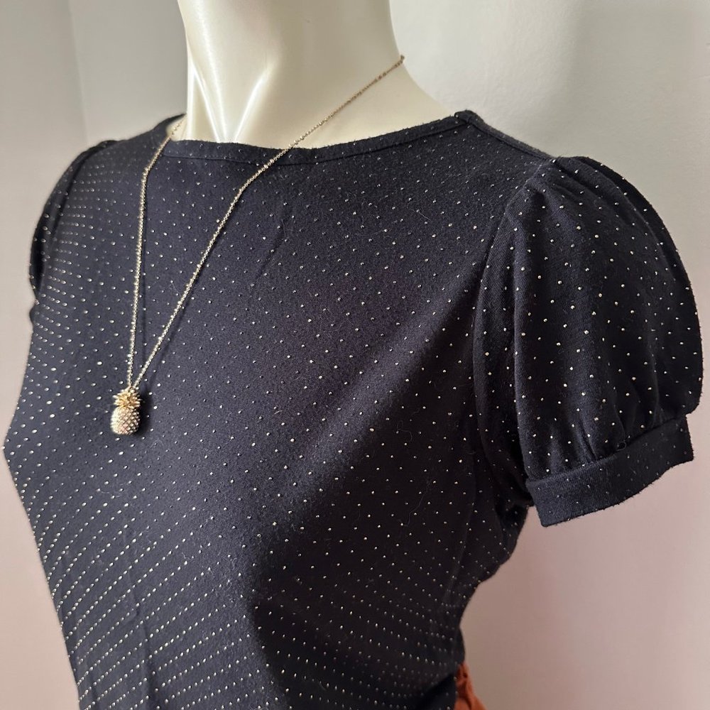 ✨Host Pick✨2/$20 Worthington | Black Gold Dotted Crewneck Puff Sleeve Top